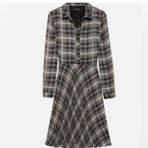 Banana Republic Plaid Pleated Shirt Dress Black Cream Size 6